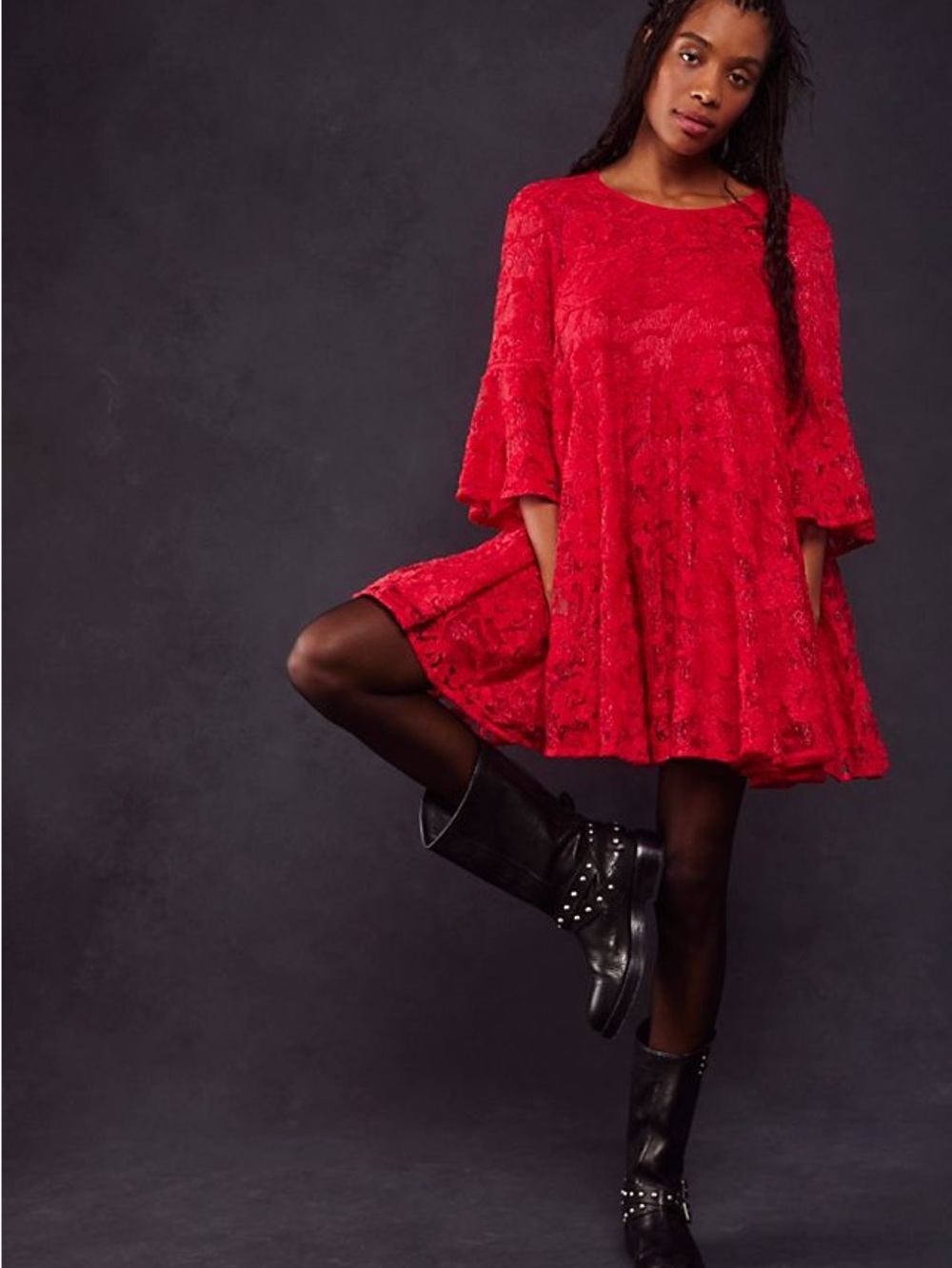 Free People Size Small Le Fleur Floral Lace Babydoll Swing Mini Dress Red NWT S